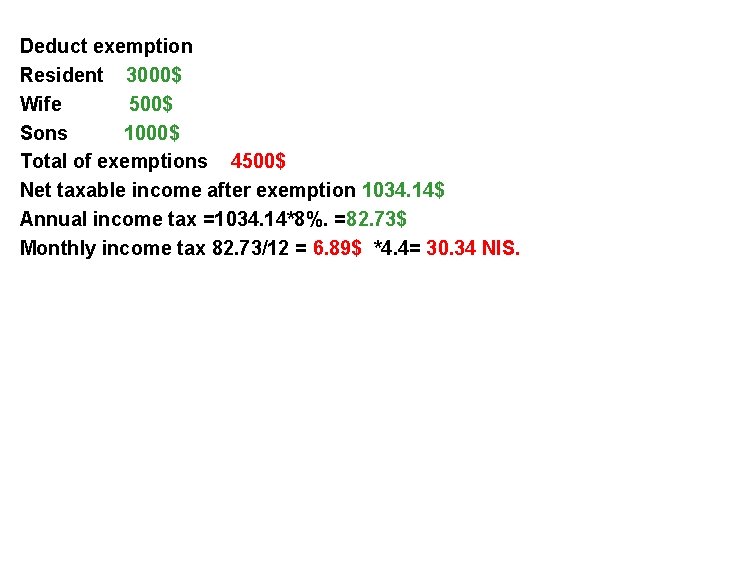 Deduct exemption Resident 3000$ Wife 500$ Sons 1000$ Total of exemptions 4500$ Net taxable
