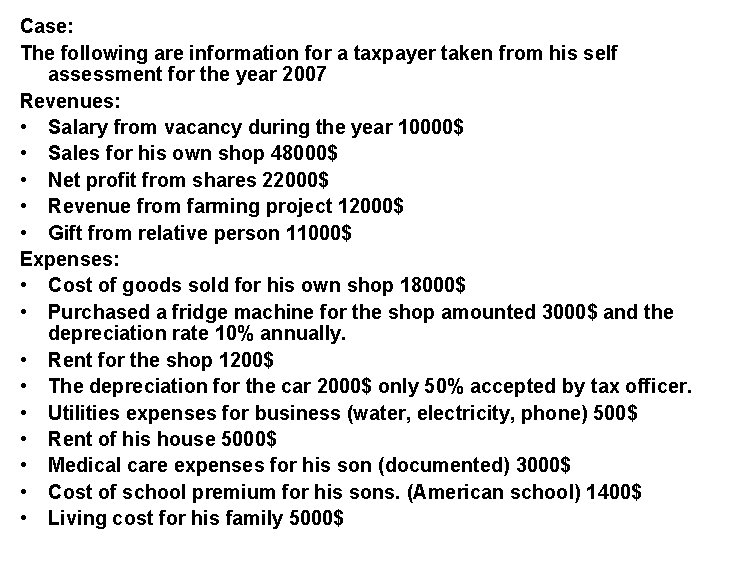 Case: The following are information for a taxpayer taken from his self assessment for