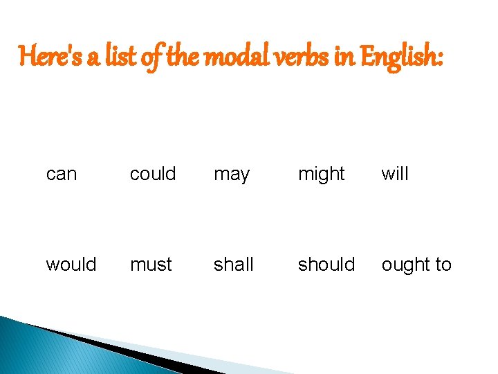 Here's a list of the modal verbs in English: can could may might will