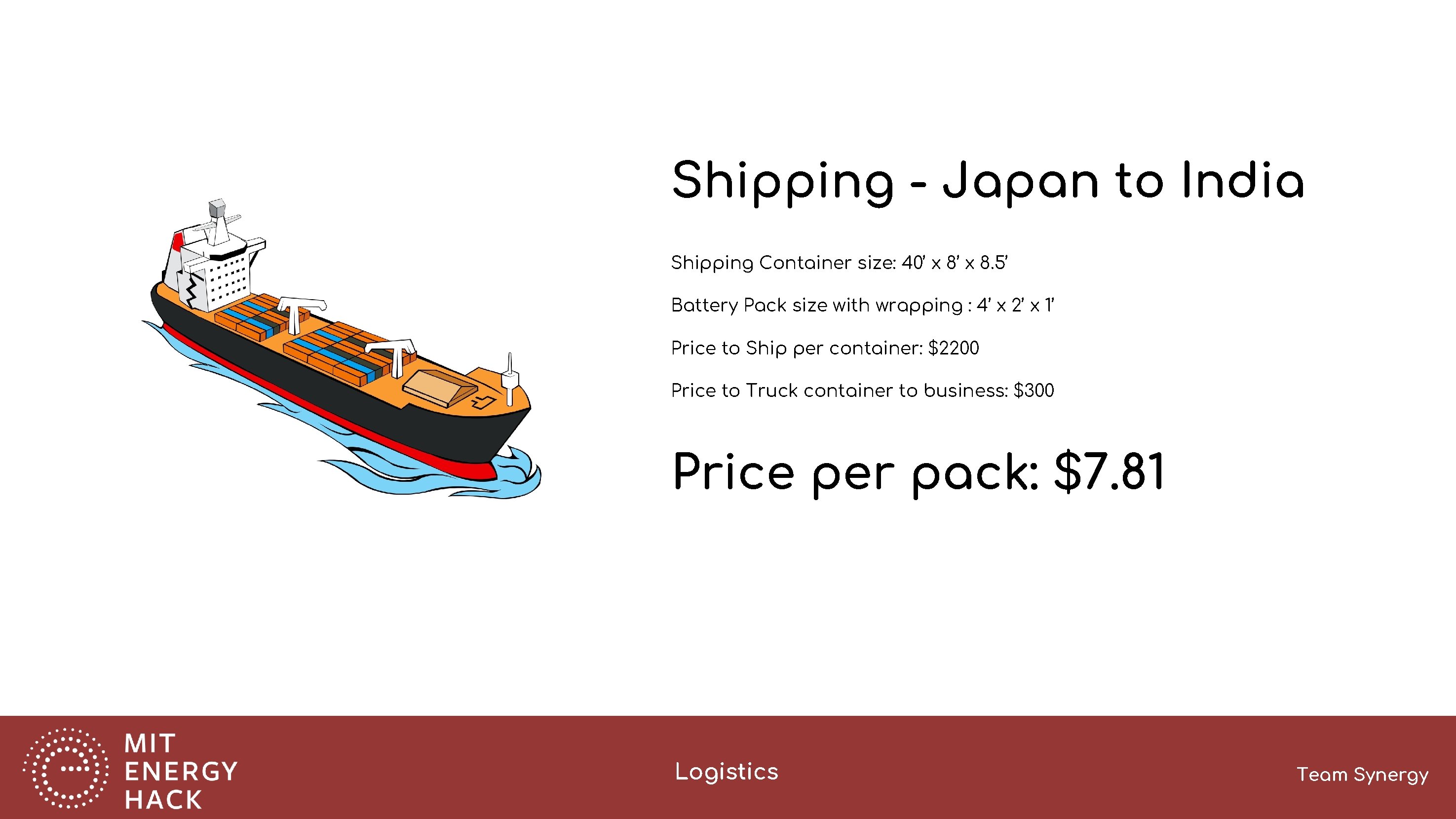 Shipping - Japan to India Shipping Container size: 40’ x 8. 5’ Battery Pack