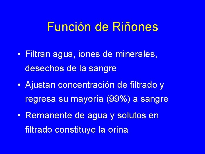 Función de Riñones • Filtran agua, iones de minerales, desechos de la sangre •