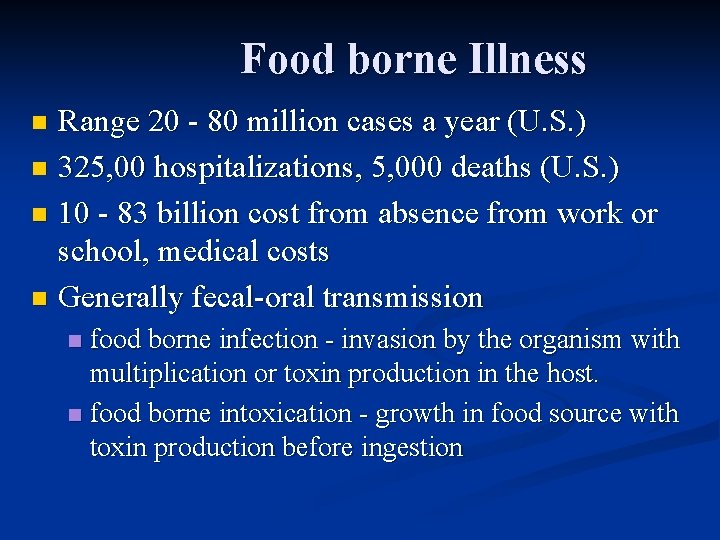 Food borne Illness Range 20 - 80 million cases a year (U. S. )