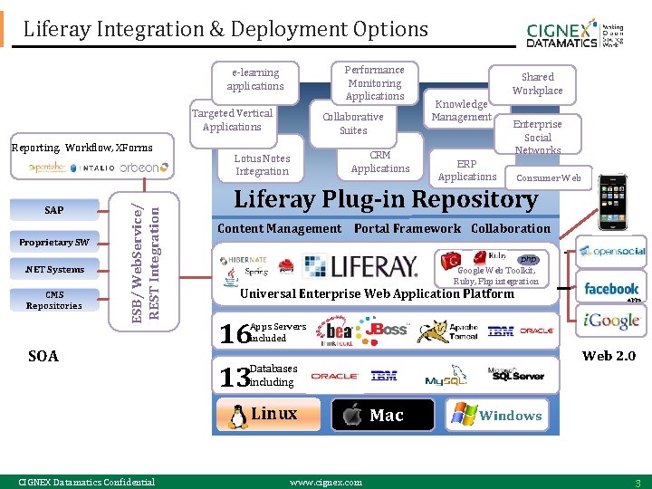 Liferay Integration & Deployment Options Performance Monitoring Applications e-learning applications Targeted Vertical Applications SAP