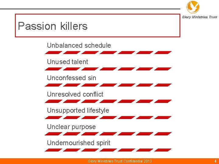 Passion killers Unbalanced schedule Unused talent Unconfessed sin Unresolved conflict Unsupported lifestyle Unclear purpose
