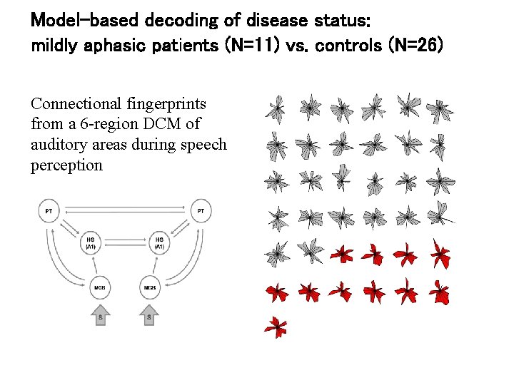 Model-based decoding of disease status: mildly aphasic patients (N=11) vs. controls (N=26) Connectional fingerprints