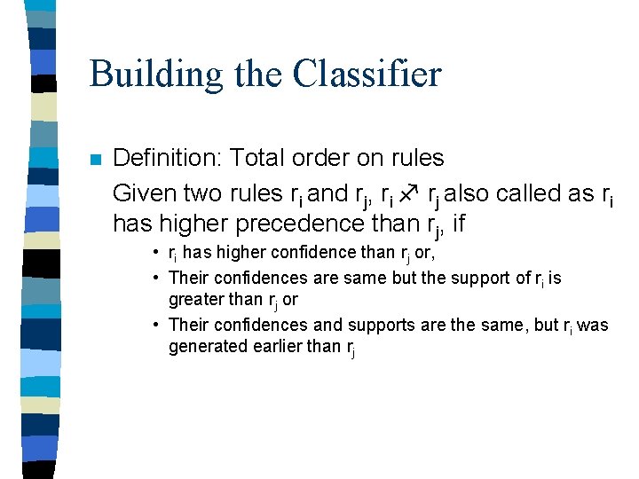 Building the Classifier n Definition: Total order on rules Given two rules ri and