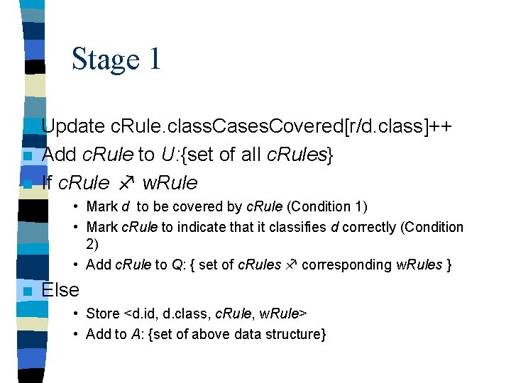 Stage 1 n n n Update c. Rule. class. Cases. Covered[r/d. class]++ Add c.