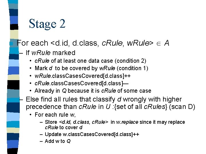 Stage 2 n For each <d. id, d. class, c. Rule, w. Rule> A