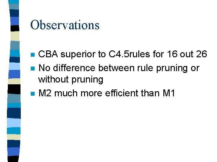 Observations n n n CBA superior to C 4. 5 rules for 16 out