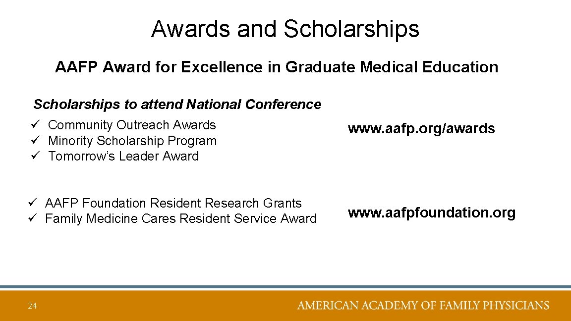 Awards and Scholarships AAFP Award for Excellence in Graduate Medical Education Scholarships to attend