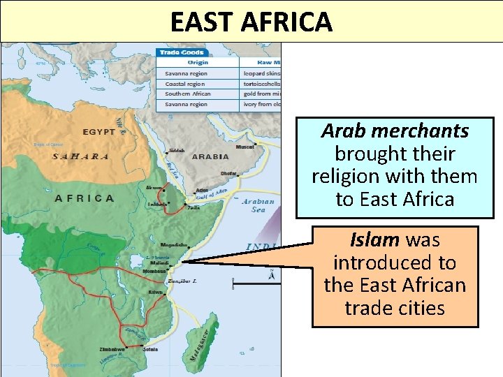 EAST AFRICA Arab merchants brought their religion with them to East Africa Islam was