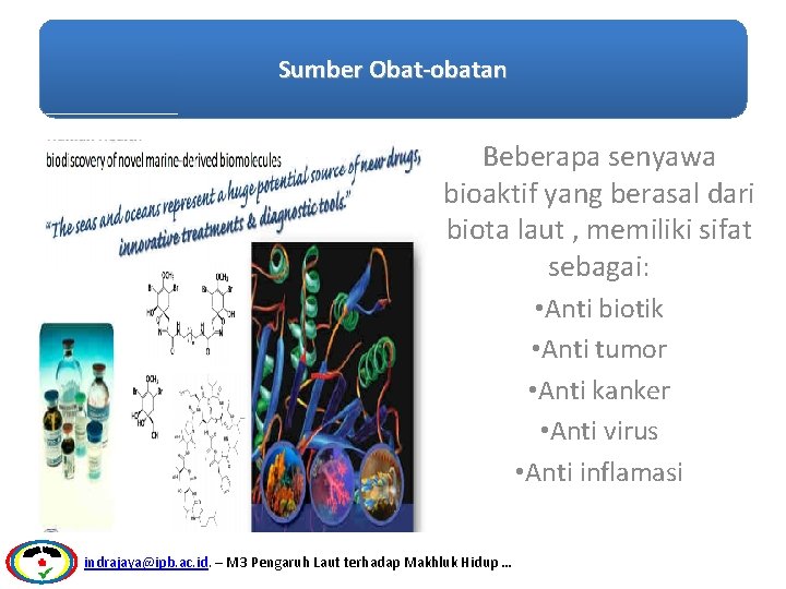 Sumber Obat-obatan Beberapa senyawa bioaktif yang berasal dari biota laut , memiliki sifat sebagai: