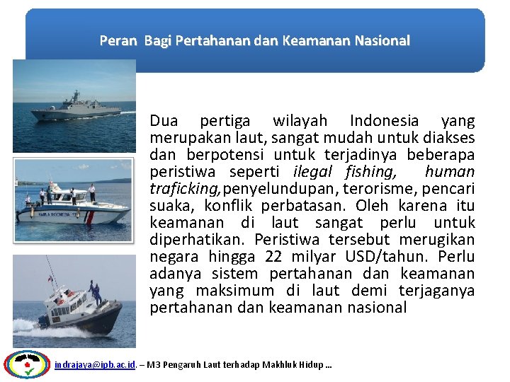 Peran Bagi Pertahanan dan Keamanan Nasional Dua pertiga wilayah Indonesia yang merupakan laut, sangat