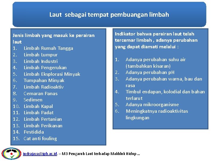 Laut sebagai tempat pembuangan limbah Jenis limbah yang masuk ke perairan laut 1. Limbah