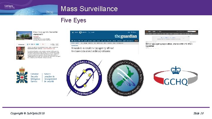 Mass Surveillance Five Eyes Copyright © Sub. Optic 2016 Slide 10 