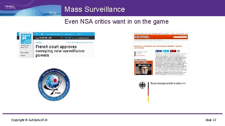 Mass Surveillance Even NSA critics want in on the game Copyright © Sub. Optic