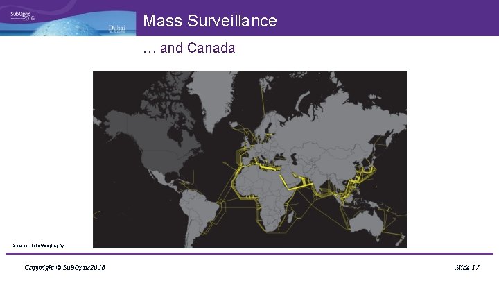 Mass Surveillance … and Canada Source: Tele. Geography Copyright © Sub. Optic 2016 Slide