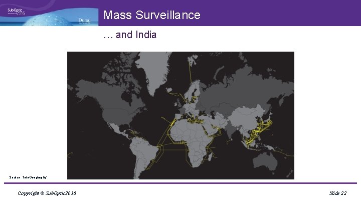 Mass Surveillance … and India Source: Tele. Geography Copyright © Sub. Optic 2016 Slide