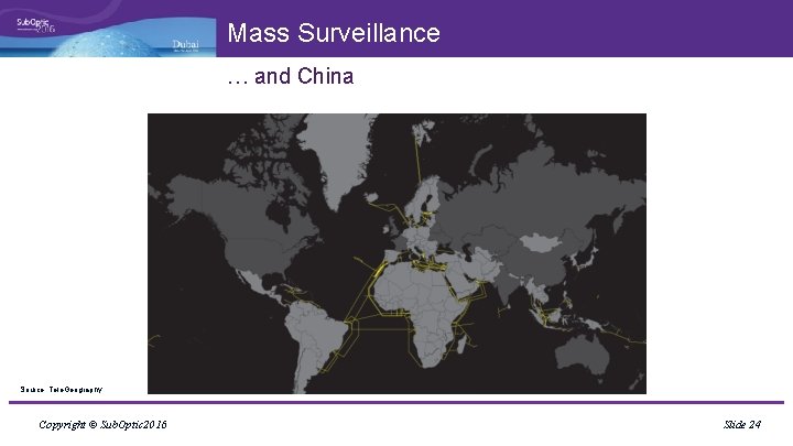 Mass Surveillance … and China Source: Tele. Geography Copyright © Sub. Optic 2016 Slide