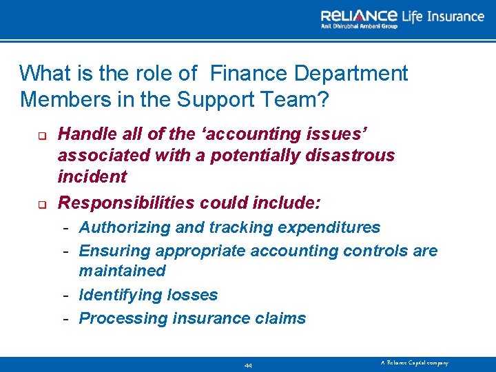 What is the role of Finance Department Members in the Support Team? q q