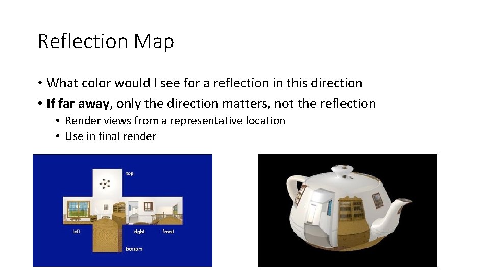 Reflection Map • What color would I see for a reflection in this direction Reflection Map • What color would I see for a reflection in this direction