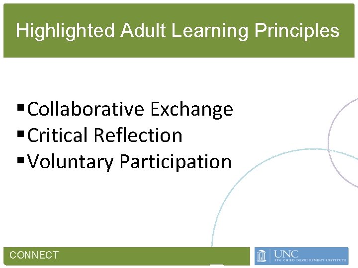 Highlighted Adult Learning Principles § Collaborative Exchange § Critical Reflection § Voluntary Participation CONNECT