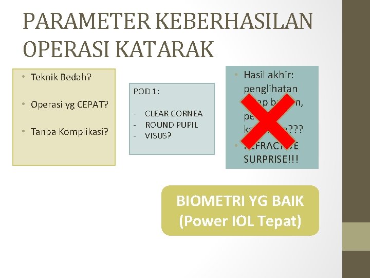 PARAMETER KEBERHASILAN OPERASI KATARAK • Teknik Bedah? POD 1: • Operasi yg CEPAT? •