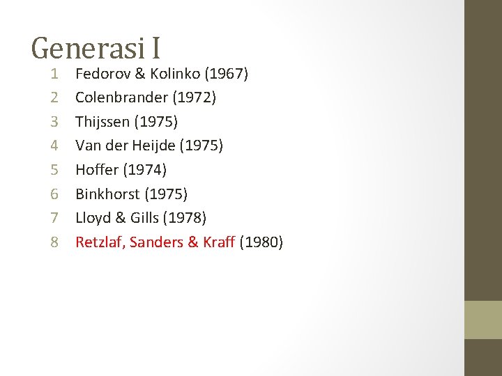 Generasi I 1 2 3 4 5 6 7 8 Fedorov & Kolinko (1967) Generasi I 1 2 3 4 5 6 7 8 Fedorov & Kolinko (1967)