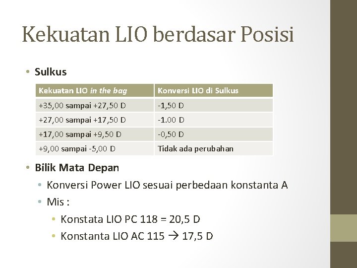 Kekuatan LIO berdasar Posisi • Sulkus Kekuatan LIO in the bag Konversi LIO di