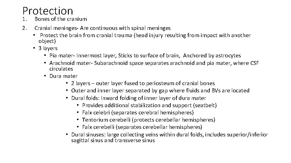 Protection 1. 2. Bones of the cranium Cranial meninges- Are continuous with spinal meninges