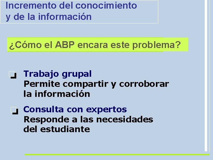 El. Incremento ABP incluye: del conocimiento “APRENDIZAJEBASADO “APRENDIZAJE y de la información ENPROBLEMAS”(ABP) EN