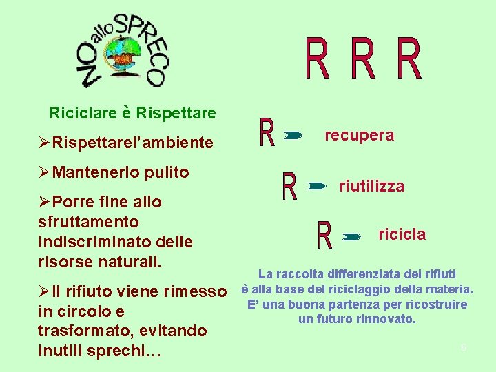 Riciclare è Rispettare ØRispettarel’ambiente ØMantenerlo pulito ØPorre fine allo sfruttamento indiscriminato delle risorse naturali.