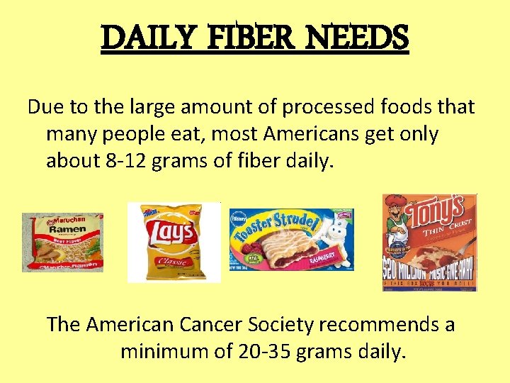 DAILY FIBER NEEDS Due to the large amount of processed foods that many people