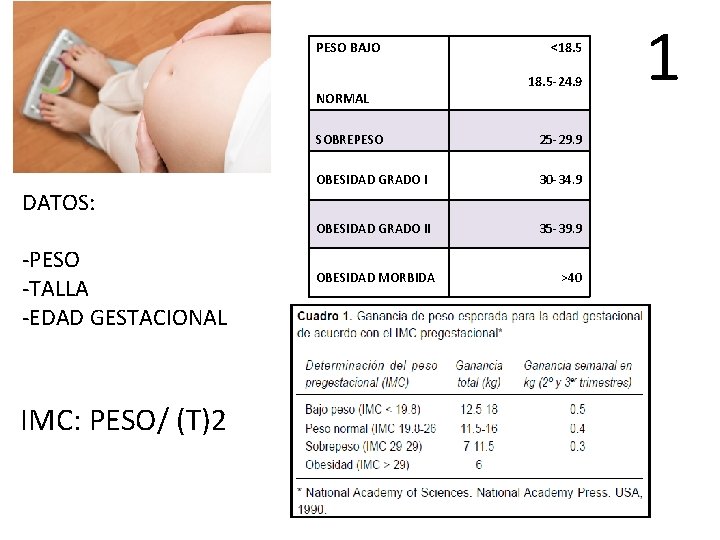 1 PESO BAJO NORMAL DATOS: -PESO -TALLA -EDAD GESTACIONAL IMC: PESO/ (T)2 <18. 5