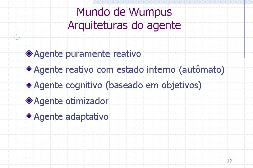 Mundo de Wumpus Arquiteturas do agente Agente puramente reativo Agente reativo com estado interno