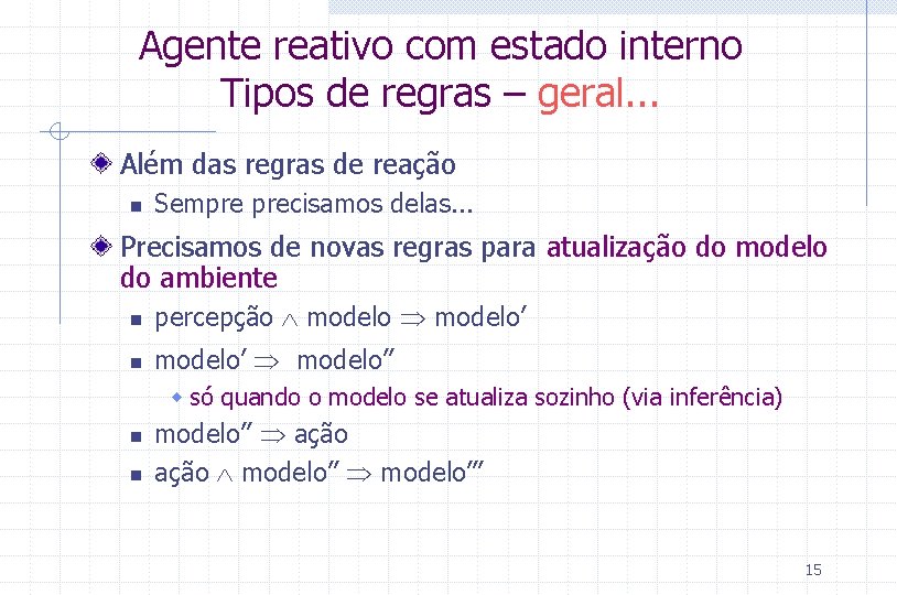 Agente reativo com estado interno Tipos de regras – geral. . . Além das