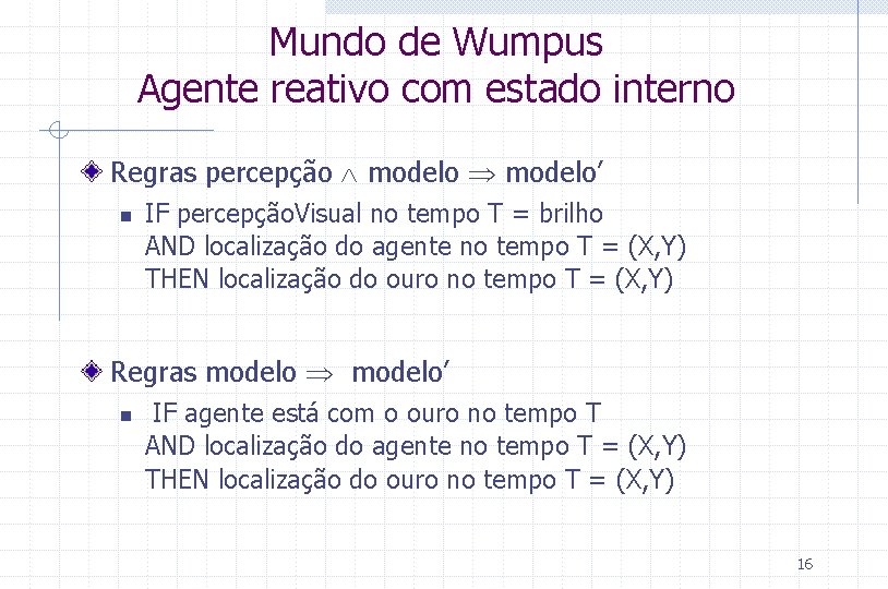 Mundo de Wumpus Agente reativo com estado interno Regras percepção modelo’ n IF percepção.