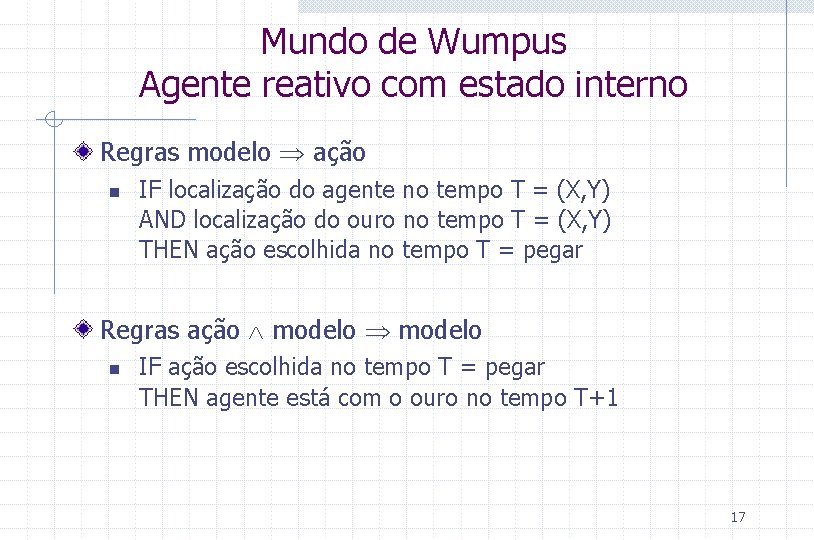 Mundo de Wumpus Agente reativo com estado interno Regras modelo ação n IF localização