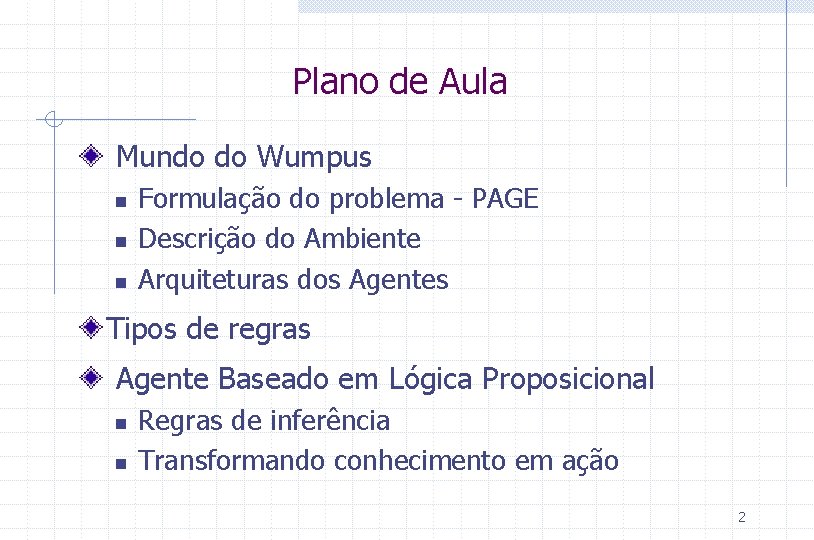 Plano de Aula Mundo do Wumpus n n n Formulação do problema - PAGE