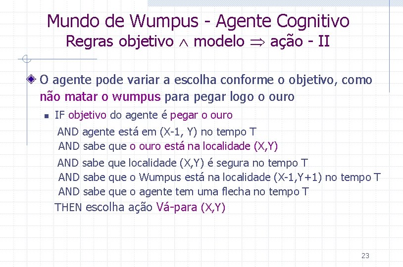 Mundo de Wumpus - Agente Cognitivo Regras objetivo modelo ação - II O agente