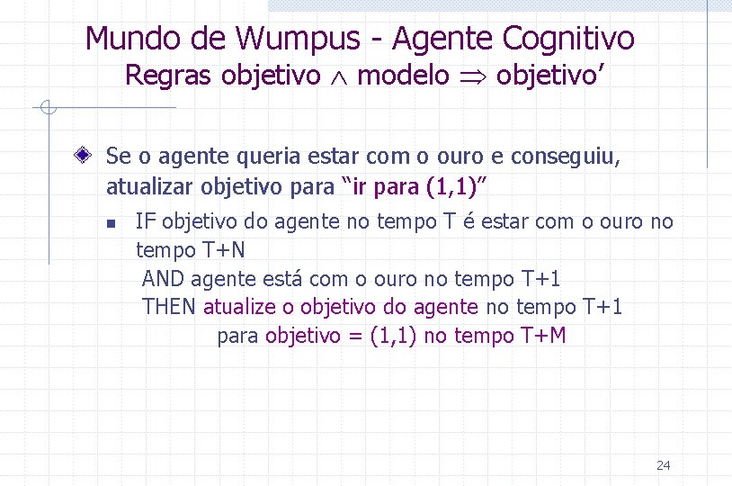 Mundo de Wumpus - Agente Cognitivo Regras objetivo modelo objetivo’ Se o agente queria