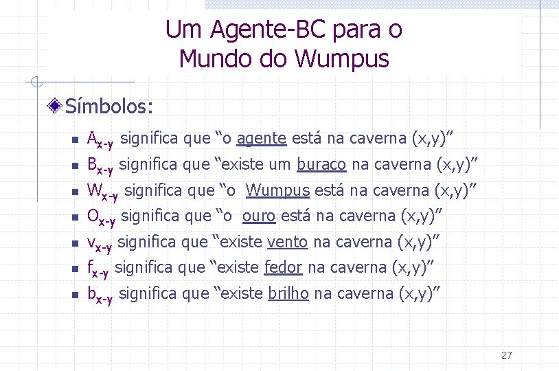 Um Agente-BC para o Mundo do Wumpus Símbolos: n Ax-y significa que “o agente