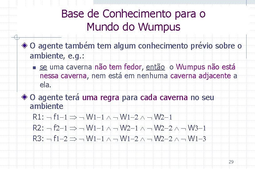 Base de Conhecimento para o Mundo do Wumpus O agente também tem algum conhecimento