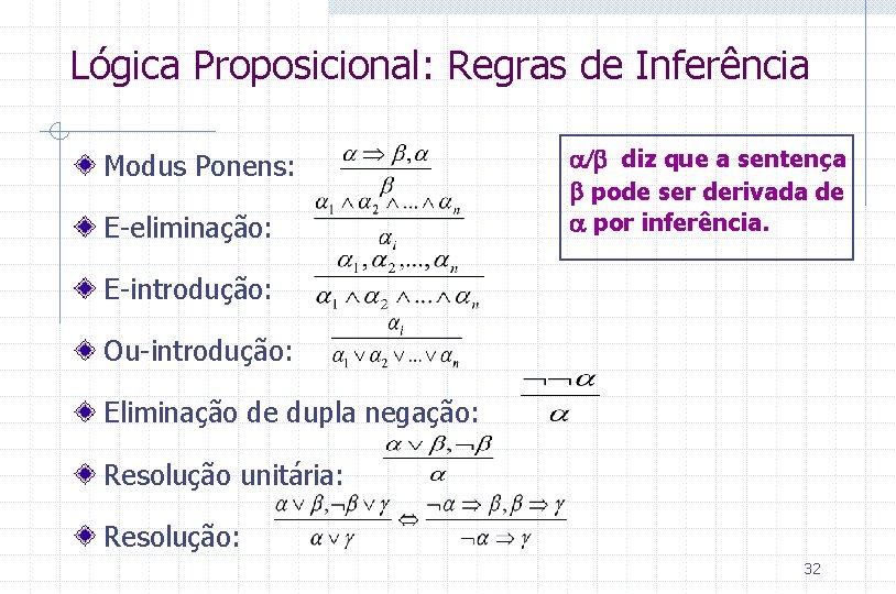 Lógica Proposicional: Regras de Inferência Modus Ponens: E-eliminação: a/b diz que a sentença b