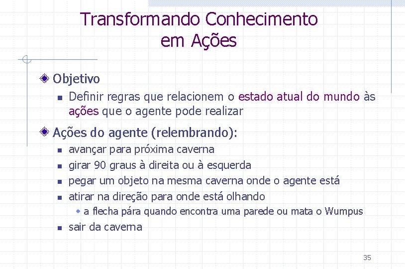 Transformando Conhecimento em Ações Objetivo n Definir regras que relacionem o estado atual do