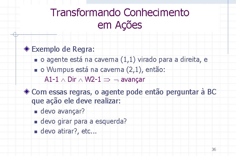 Transformando Conhecimento em Ações Exemplo de Regra: n n o agente está na caverna