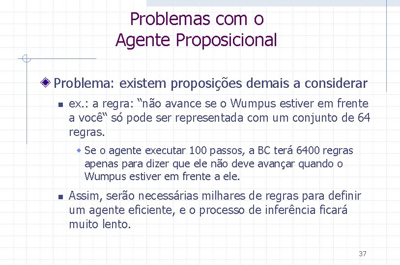 Problemas com o Agente Proposicional Problema: existem proposições demais a considerar n ex. :