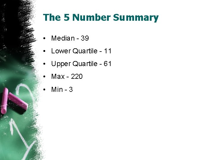 The 5 Number Summary • Median - 39 • Lower Quartile - 11 • The 5 Number Summary • Median - 39 • Lower Quartile - 11 •