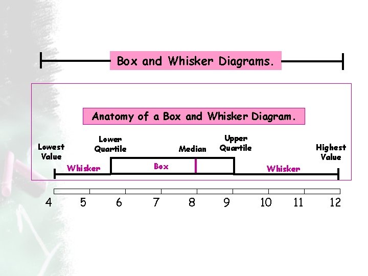 Box and Whisker Diagrams. Anatomy of a Box and Whisker Diagram. Lower Quartile Lowest Box and Whisker Diagrams. Anatomy of a Box and Whisker Diagram. Lower Quartile Lowest