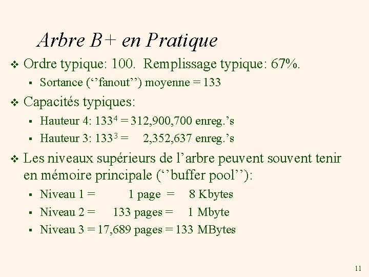 Arbre B+ en Pratique v Ordre typique: 100. Remplissage typique: 67%. § v Capacités